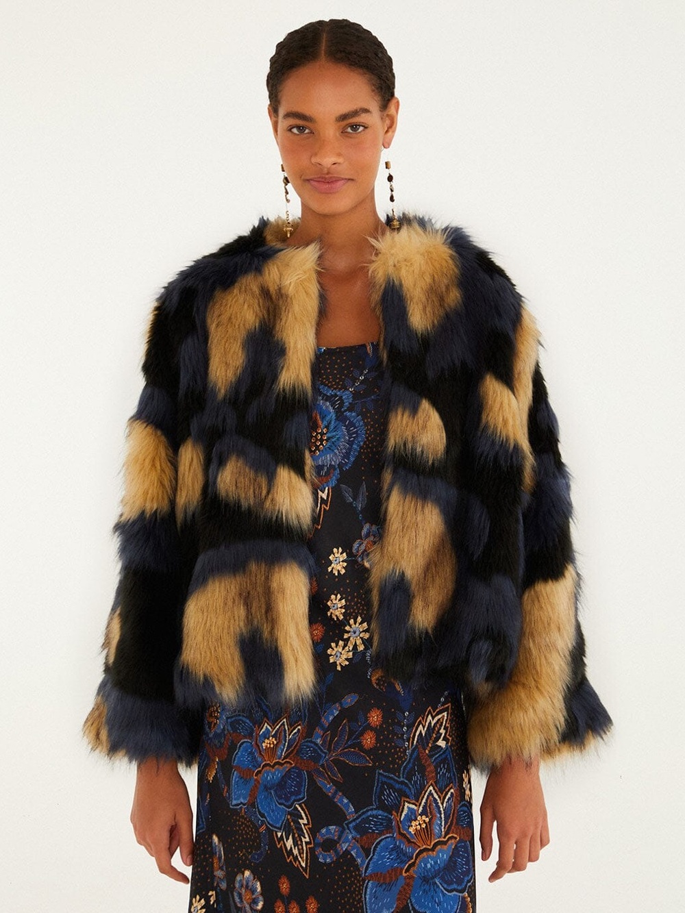 Farm Rio Multicolor Faux Fur Coat